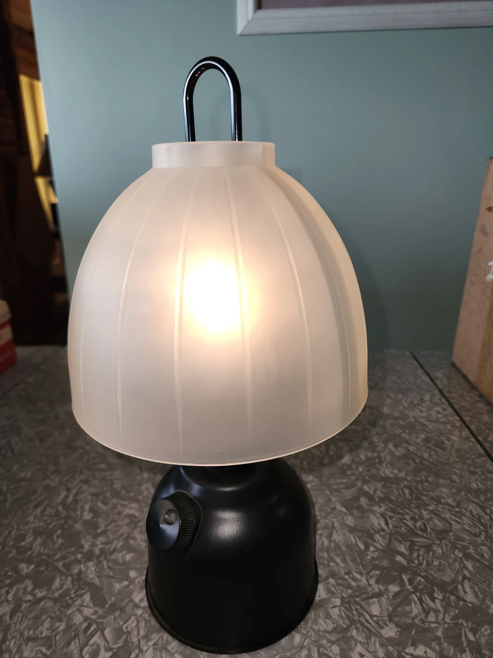 Black Lantern Table Light with Frosted White Shade